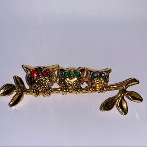 Vintage Gold Tone Owl Trio Brooch/Pin